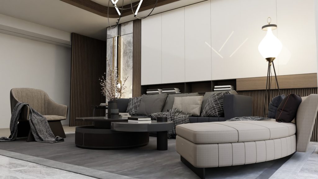Modern living room with stylish furniture, neutral tones, and accent lighting creating an inviting space for relaxation