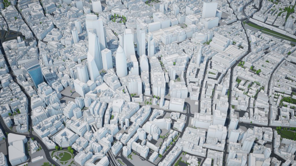Aerial view of a detailed 3D city model with skyscrapers and green spaces in an urban cityscape