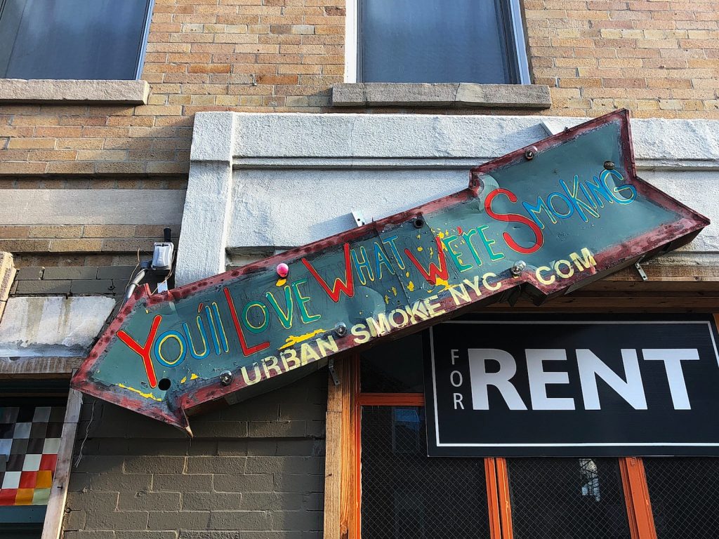Neon arrow sign with text You'll Love What We're Smoking on a brick building with For Rent sign below