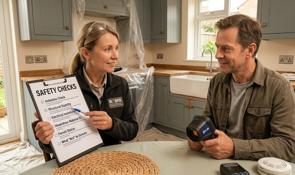 Woman discussing home safety checklist with man in kitchen setting, holding clipboard and equipment