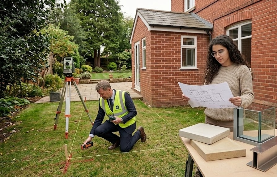 Surveyor using measuring tools while woman examines building plans in the garden of a brick house renovation project